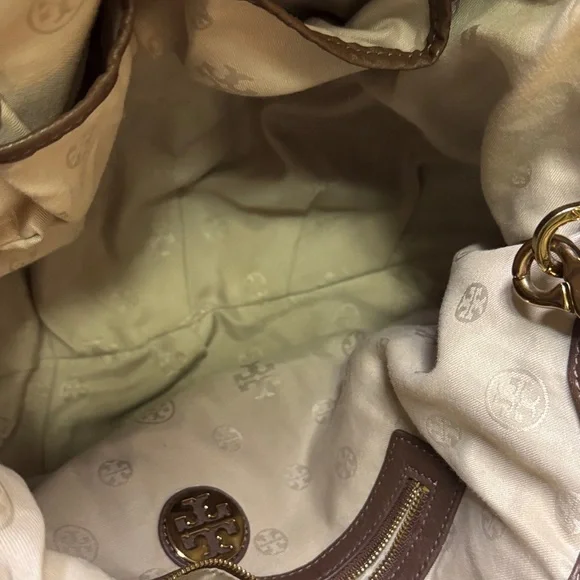 Tory Burch Brown Pebbled Leather Logo Tote Shoulder Bag